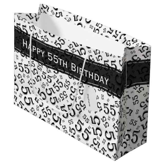 Happy Birthday Age 55 Number Pattern Black/White Large Gift Bag (Front Angled)