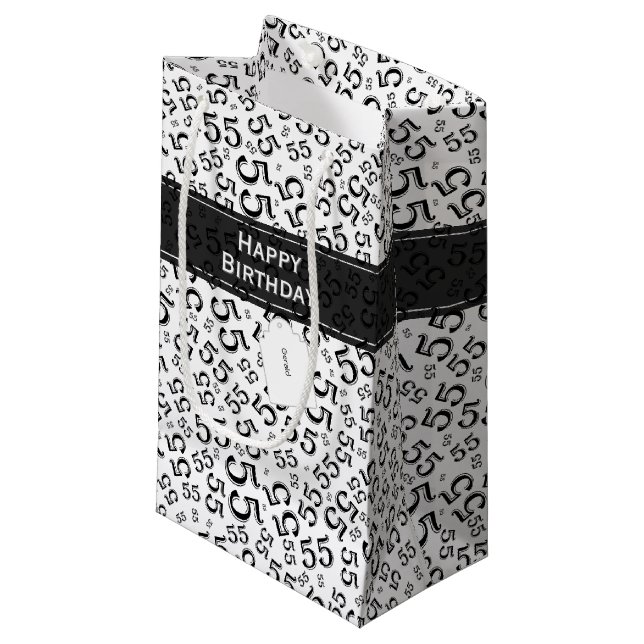 Happy Birthday Age 55 Number Pattern Black/White Small Gift Bag (Front Angled)