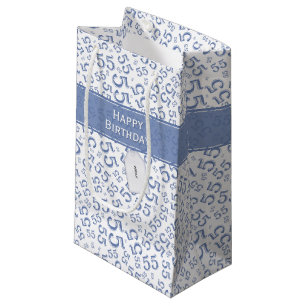 Happy Birthday Age 55 Number Pattern, Blue white, Small Gift Bag