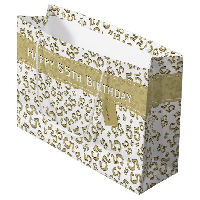 Happy Birthday Age 55 Number Pattern Gold/White Large Gift Bag (Front Angled)