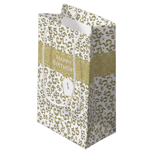 Happy Birthday Age 55 Number Pattern Gold/White Small Gift Bag (Front Angled)