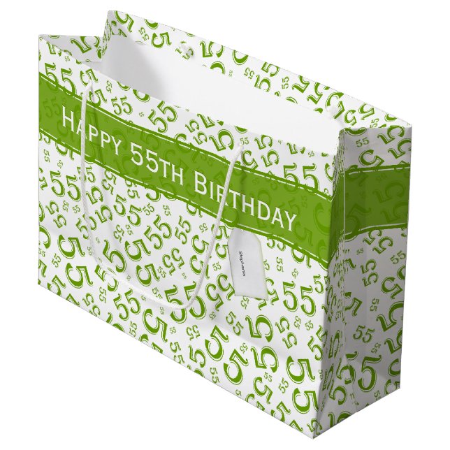 Happy Birthday Age 55 Number Pattern Green/White Large Gift Bag (Front Angled)