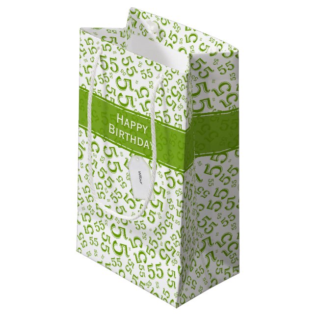 Happy Birthday Age 55 Number Pattern Green/White Small Gift Bag (Front Angled)