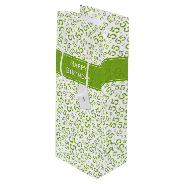 Happy Birthday Age 55 Number Pattern Green/White Wine Gift Bag (Front Angled)
