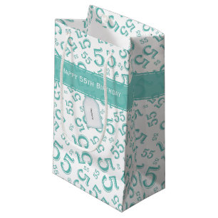 Happy Birthday Age 55 Number Pattern Teal/White Small Gift Bag