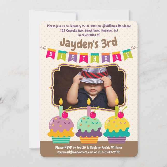 Happy Birthday Age Three Cupcakes Bunting Photo Invitation (Front)