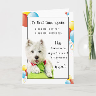 Happy Birthday Ageless Person, Westie and Balloons Card
