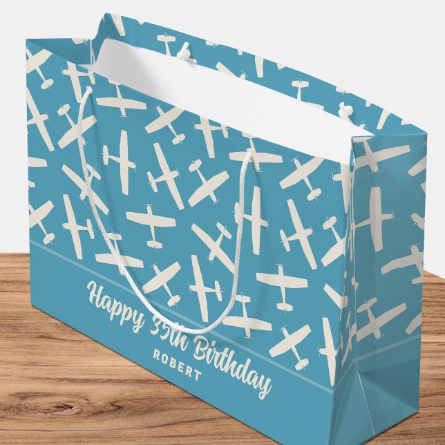 Happy Birthday Aircraft Retro Pattern Name Blue Large Gift Bag (Creator Uploaded)
