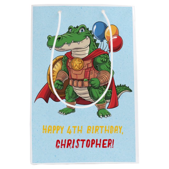 Happy Birthday Alligator Superhero Birthday Party Medium Gift Bag (Front)