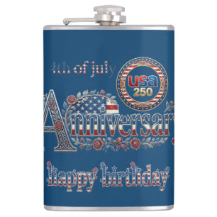 Happy Birthday America 250 USA 4th July Navy Blue Hip Flask