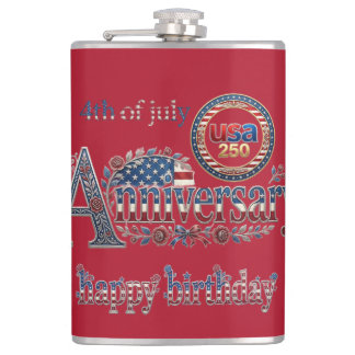 Happy Birthday America 250 USA 4th July Red Decor Hip Flask