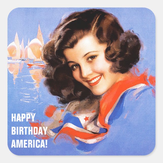 Happy Birthday, America. 4th of July Retro Pin-up Square Sticker (Front)