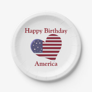 Happy Birthday America, Red White and Blue Heart Paper Plate