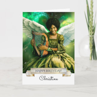 Happy Birthday. Angel with Harp, Custom Name  Card