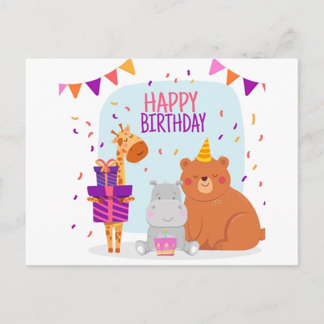 Happy Birthday Animal Illustrated Announcement Postcard (Front)