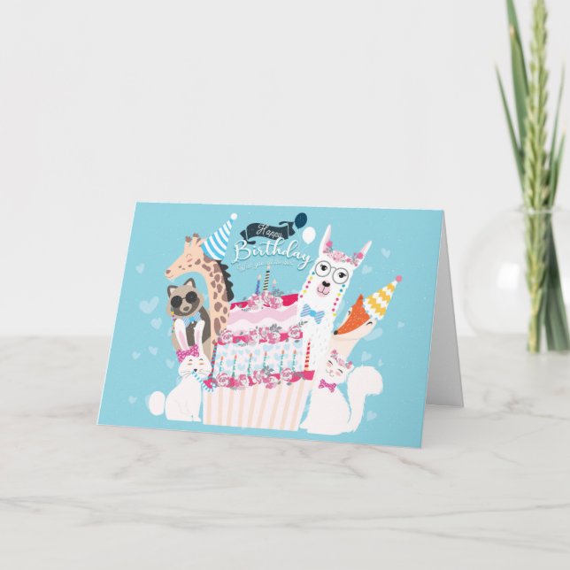 Happy Birthday Animals and Cake Card (Front)
