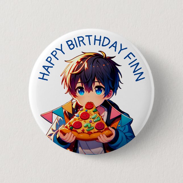 Happy Birthday | Anime Boy's Pizza Party 6 Cm Round Badge (Front)