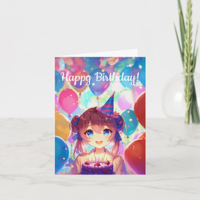Happy Birthday Anime Girl With Cake Card (Front)