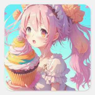 Happy Birthday Anime Girl with Whimsical Cupcake Square Sticker