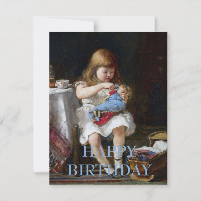 Happy Birthday Anxious little mother with doll (Front)