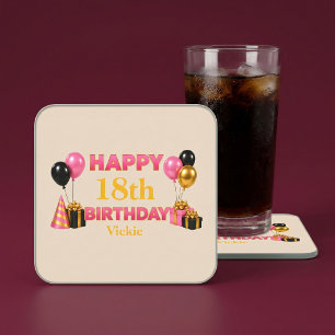 Happy Birthday Any Age Beige Square Paper Coaster