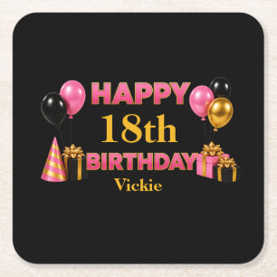 Happy Birthday Any Age Black Square Paper Coaster