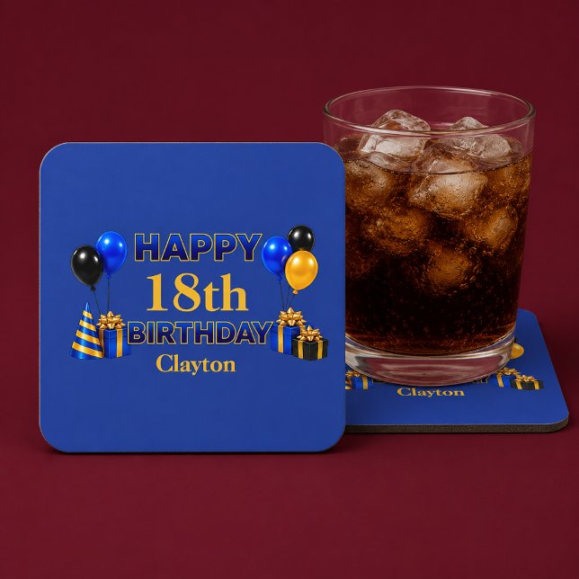 Happy Birthday Any Age Blue Square Paper Coaster (Creator Uploaded)