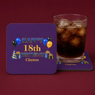 Happy Birthday Any Age Blue Square Paper Coaster