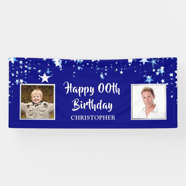 Happy Birthday ANY AGE Blue Stars Personalised Banner (Horizontal)