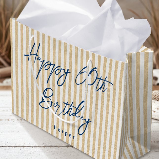Happy Birthday Any Age Custom Name Striped Gold Large Gift Bag (Creator Uploaded)