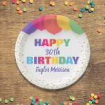 Happy Birthday Any Age Name Colorful Balloons Paper Plate<br><div class="desc">Celebrate your special someone with these fun and colorful birthday paper plates featuring brightly colored balloons and faux gold confetti glitter.  Just add the birthday person's age and name to personalize. Bold and colorful yet simple and fun - the perfect napkins for any aged birthday party celebration.</div>