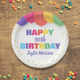 Happy Birthday Any Age Name Colorful Balloons Paper Plate