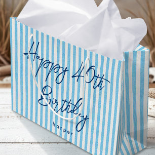 Happy Birthday Any Age Name Stripe Light Blue Large Gift Bag