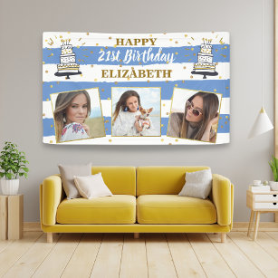 Happy Birthday Any Age Photo Collage Blue Gold Dot Banner
