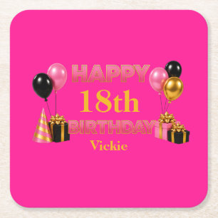 Happy Birthday Any Age Pink Square Paper Coaster