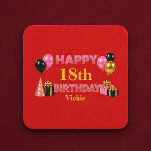 Happy Birthday Any Age Red Square Paper Coaster