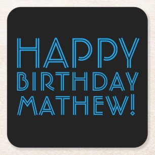 Happy Birthday (ANY NAME)   Blue & Black (or diy) Square Paper Coaster