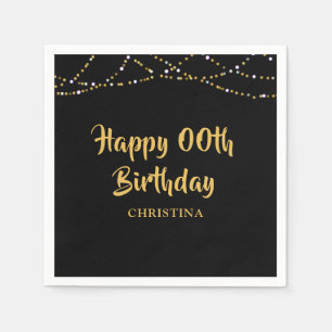 Happy Birthday ANY YEAR Black Gold String Lights Napkin