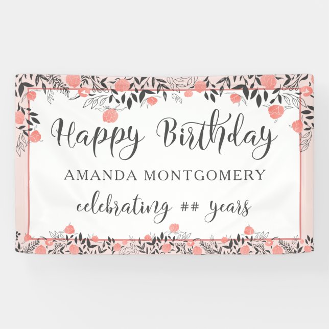 Happy Birthday ANY Year Rose Gold Blush Floral Banner (Horizontal)