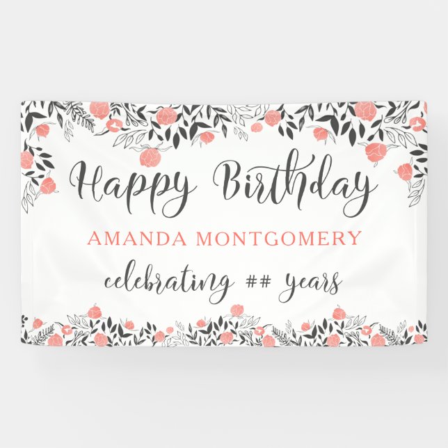 Happy Birthday ANY Year Rose Gold & Coral Floral Banner (Horizontal)