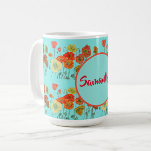 Happy Birthday aqua Orange Poppy Womans Name Mug