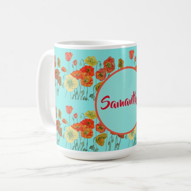 Happy Birthday aqua Orange Poppy Womans Name Mug (Front Left)