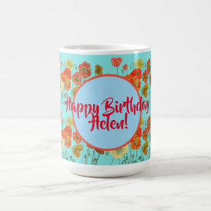 Happy Birthday aqua Orange Poppy Womans Name Mug