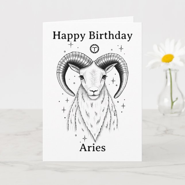 Happy Birthday Aries Ram Hand-drawn Card (Small Plant)