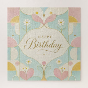 Happy Birthday Art Deco Pastel Floral Geometric Jigsaw Puzzle