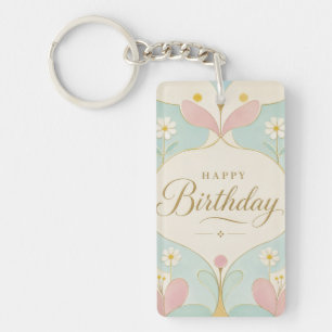Happy Birthday Art Deco Pastel Floral Geometric Key Ring