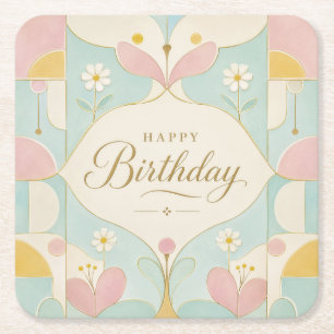 Happy Birthday Art Deco Pastel Floral Geometric Square Paper Coaster