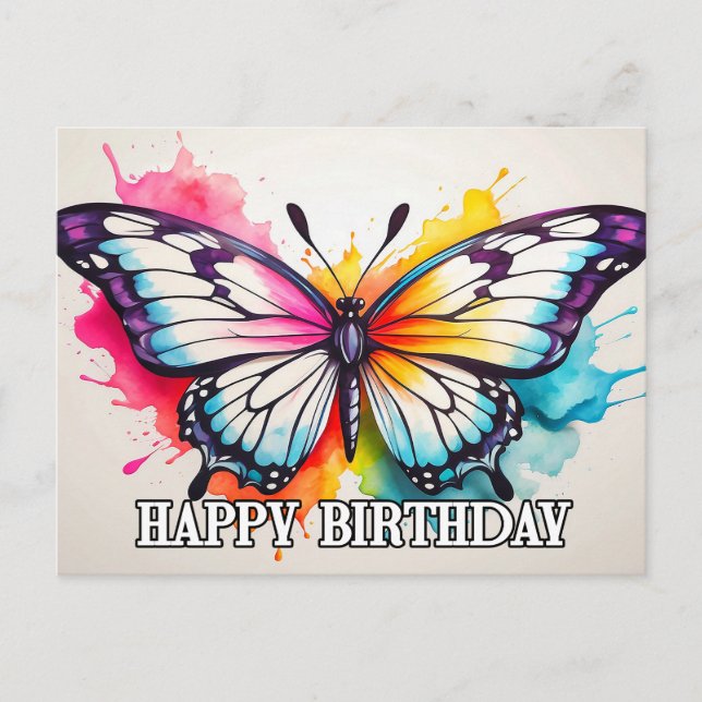 Happy Birthday Artistic Butterfly Watercolor Art Holiday Postcard (Front)