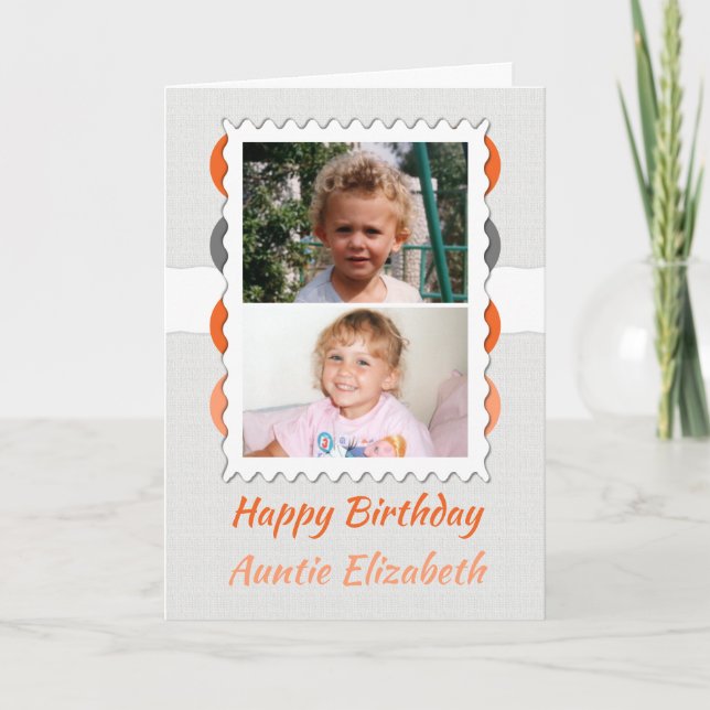 Happy Birthday Auntie grey and orange photo Card (Front)