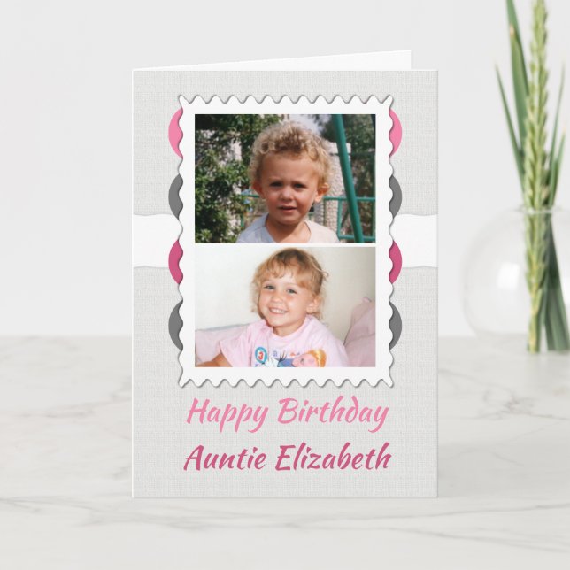 Happy Birthday Auntie grey and pink photo Card (Front)